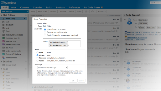 Zimbra Collaboration Server can be shared internally or externally